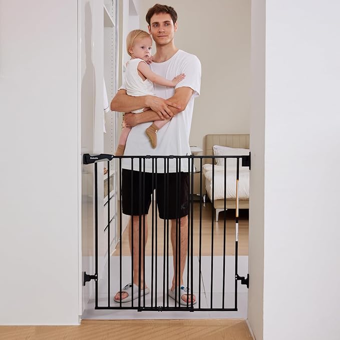Babelio 34" Extra Tall Baby/Dog Gate with No Threshold Design Walk Thru Door, 26-43" Auto Close Safety Gate for Babies, Elders and Pets, Fits Doorways, Stairs, and Entryways, Black