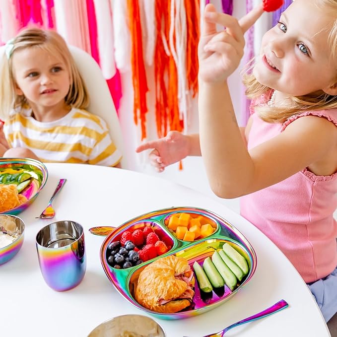 Ahimsa Stainless Steel Plates for Kids - Divided Plates for Toddlers, Pediatrician Designed, Non Toxic Toddler Plate, BPA Free & Dishwasher Safe (Rainbow Set of 4)