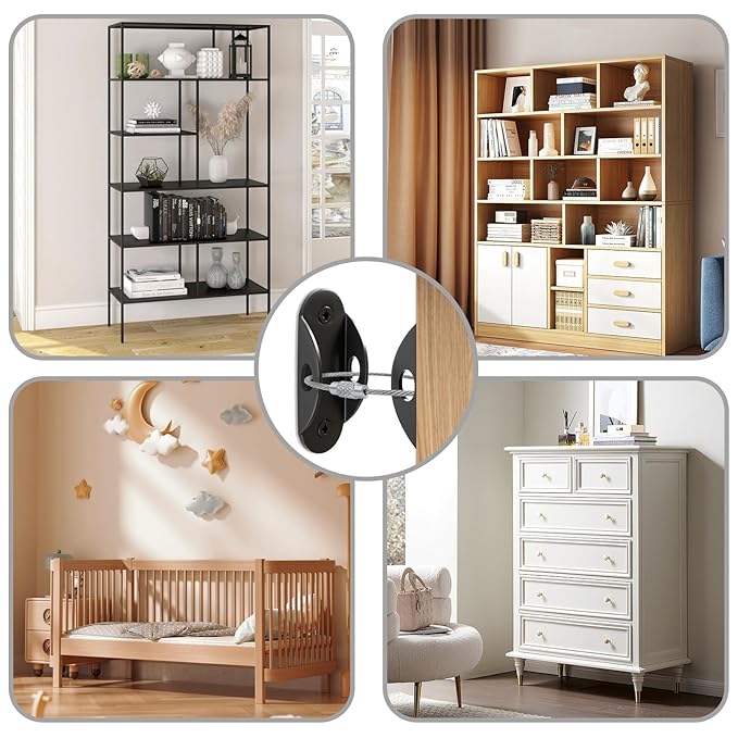 Furniture Anchors for Baby Proofing, Anti Tip Furniture Anchor Securing 420lbs Tension Earthquake Resistant Metal Furniture Wall Anchor Prevent Baby Pet from Falling Furniture(8 Pack,Black)