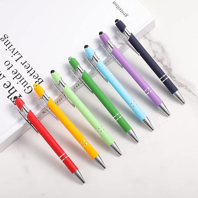 8 Pieces Ballpoint Pen with Stylus Tip Black Ink 2 in 1 Stylus Metal 1.0 mm Medium Point Smooth Pen Rainbow Colorful Rubberized Ballpoint for Touch Screen Tablet(Rainbow Color)