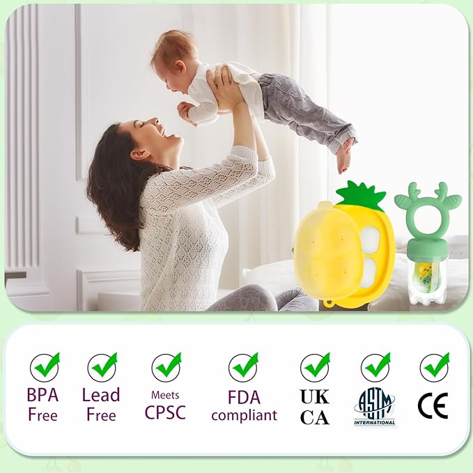 Baby Fruit Food Feeder - Silicone Nibble Tray Combo - Breastmilk Popsicle Mold for Cooling Relief, BPA Free Mesh Feeder for Infant Self Feeding (Deer Green + Pineapple)
