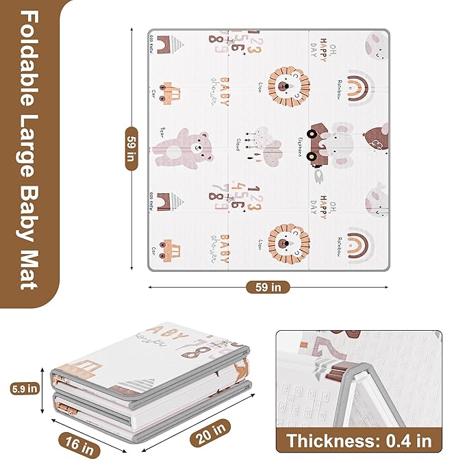 59x59 Baby Play Mat, Foldable Baby Mat for Floor Tummy Time and Crawling, Waterproof & Anti-Slip Reversible Portable for Toddler Infant