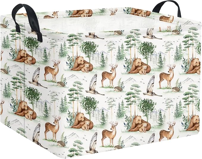 HIYAGON Rectangular Storage Basket Collapse Canvas Fabric Cartoon Bin Organizer Box with Handles for Organizing Home Kitchen Room Decor(Woodland Animal)