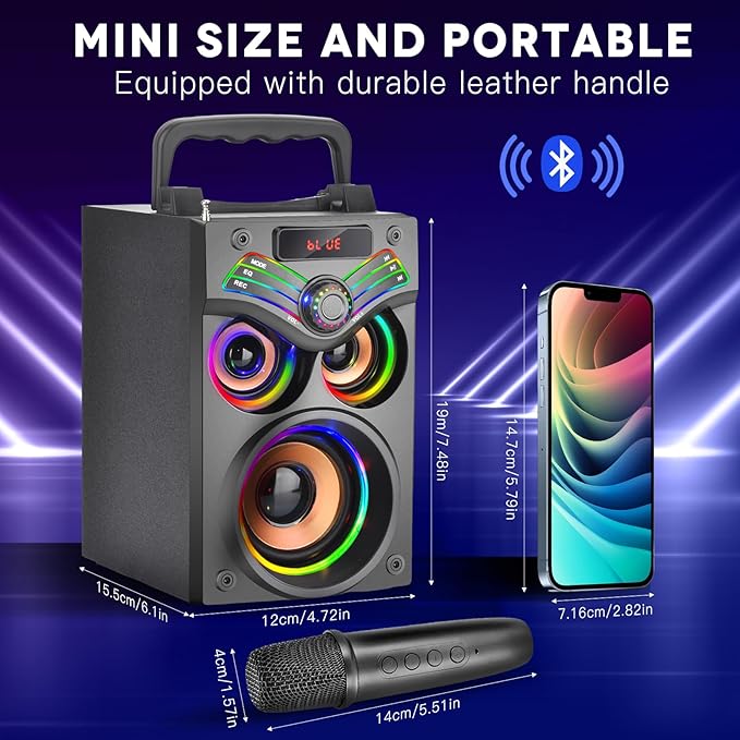 Karaoke Machine,Portable Bluetooth Karaoke Speaker with 2 Wireless Microphone for Adults Kids,with 20W(Peak) Speaker,Handle &RGB Lights,Supports TF Card/USB/Aux in/TWS,for Home,Party