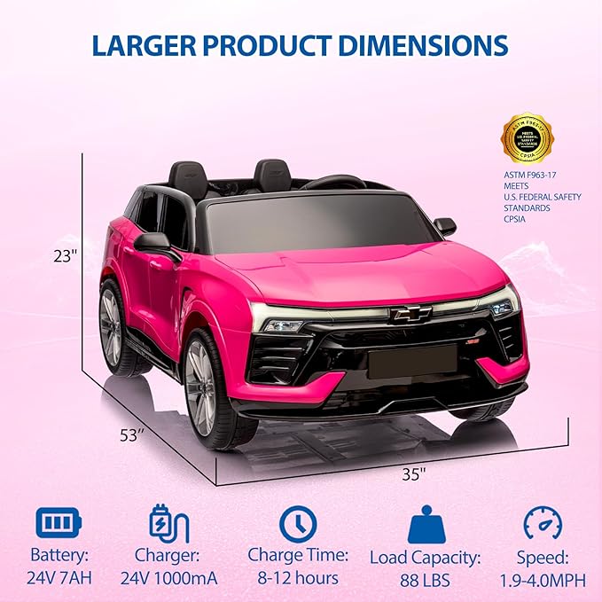 Hetoy 24V 2-Seater SUV Licensed Chevrolet Blazer Ride On Car Toy w/Parent Remote Control, 3 Speeds, Wireless Music, MP3 Player, Electric Car for Kids Ages 3-8, Pink