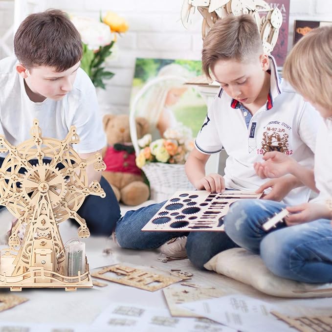 Solar 3D Wooden Puzzle Ferris Wheel DIY Model Kit Craft Sets Educational Wood Mechanical Building Toys for Adult Men Kids