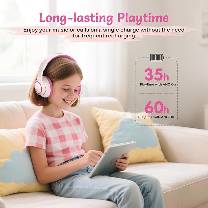 Active Noise Cancelling Headphones for Kids, 60H Playtime, Wireless Bluetooth Over-Ear Blue Headset Built-in Microphone for Home/School/Travel/Party - Includes Portable Case (Pink)