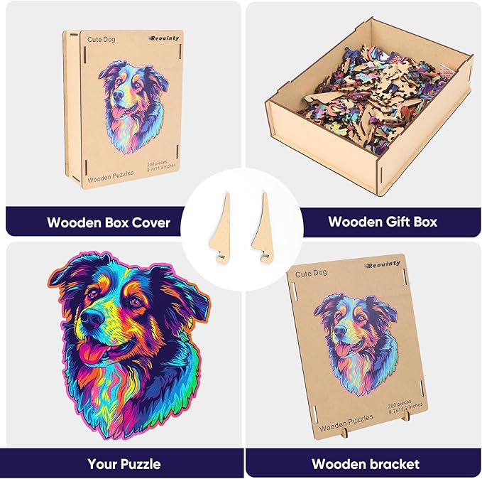Australian Shepherd Dogs Wooden Puzzle Stained Colorful (9.7 * 11.2in-200pcs) Art Painting Wooden Puzzle for Kids Adults, Birthday Mother's Father's Day Christmas for Dad Mom Son Daughter