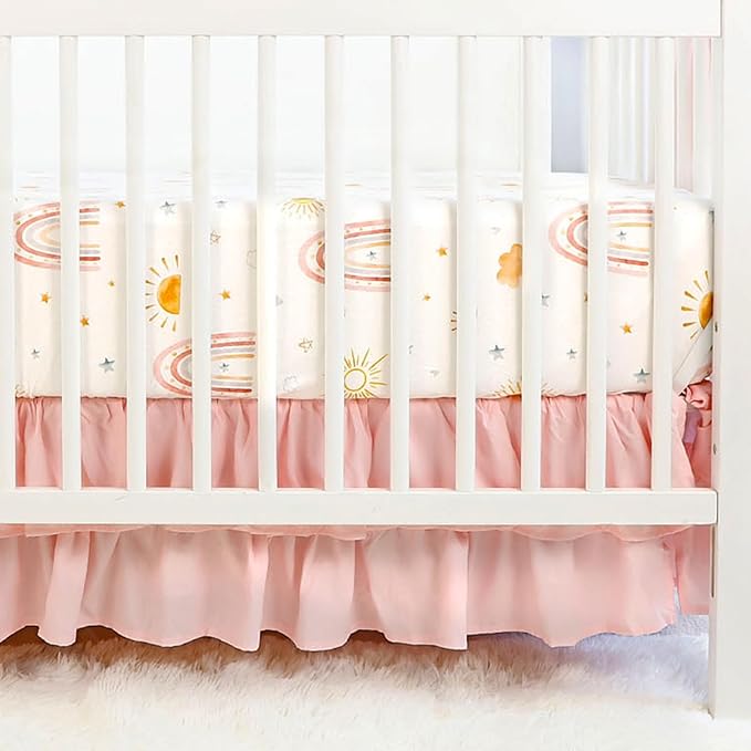 4-Piece Crib Bedding Set for Girls, Includes Comforter, Fitted Crib Sheet, Crib Skirt, and Diaper Stacker, Pink Rainbow
