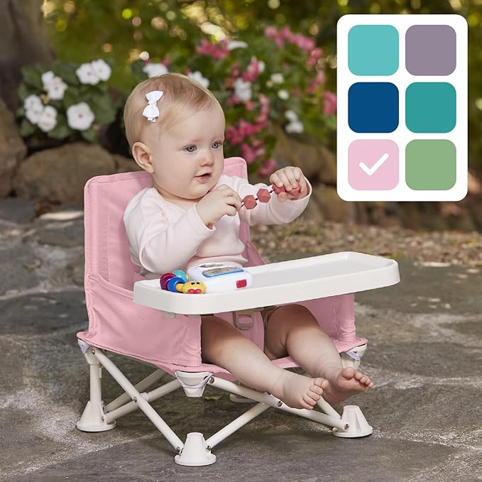 Hiccapop OmniBoost Travel Booster Seat with Tray for Baby | Folding Portable Baby Booster Seat for Dining Table, Camping, Beach, Grandma’s | Tip-Free Design Straps to Kitchen Chairs - Booster Chair