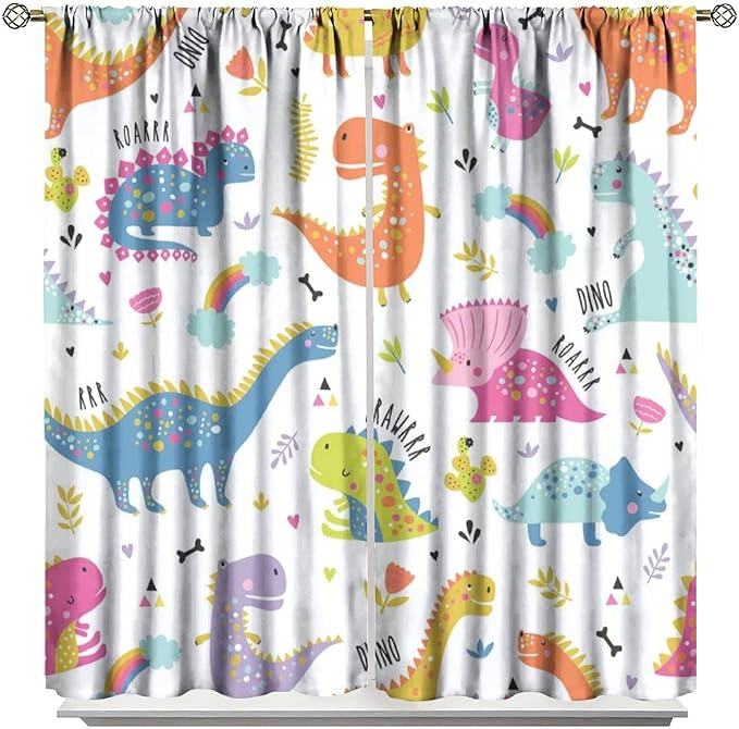 Cartoon Dinosaur Curtains for Kids Boys Girls Home Decor Childish Cute Dino Animals Print Pattern Rod Pocket Blackout Window Drapes for Nursery Baby Bedroom Playroom W27.5xL63in 2 Panels