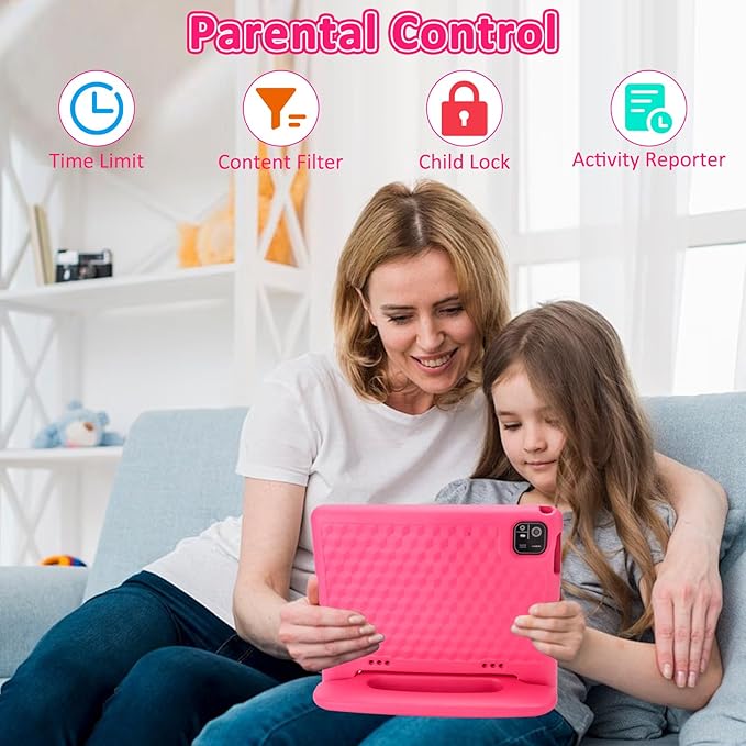 Tablet for Kids, 10.1 inch IPS HD Touchscreen Android 14 64 GB Storage, 8GB RAM, Octa-Core Kids Tablet, Parental Controls, 12-hr Battery, WiFi, GPS - Pink
