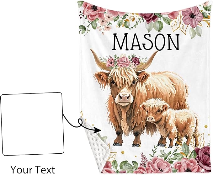 Custom Name Crib Bedding Set - Flower Highland Cow Pattern, Personalized Nursery Bedding 3-Piece Set– Soft Blanket, Fitted Sheet, Changing Pad Cover – for Newborns Girls Nursery Gifts