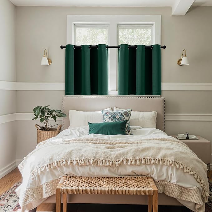 MIULEE Short Curtains for Windows - Christmas Hunter Green Blackout Half Window Curtains Thermal Insulated Drapes for Kitchen Bedroom Bathroom Grommet Top Small Basement Tiers W40 x L36 Inch 2 Panels