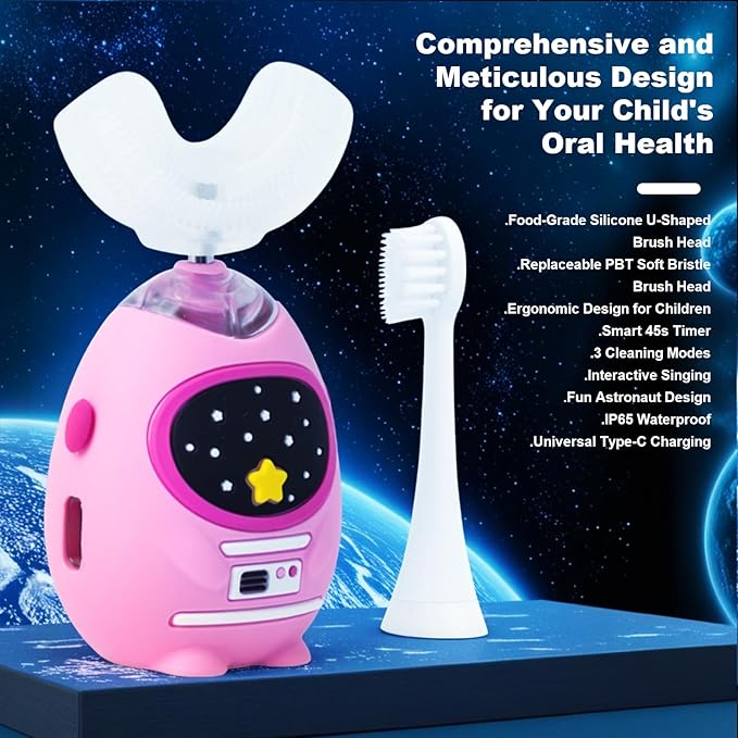 Kids U Shaped Electric Toothbrush with Music, 3 Modes, Voice Teaching, Mouthpiece Cleaning, Soft Bristle, Type-C Charging, Ages 3-12 Boys & Girls (Power Pink)