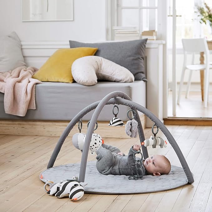 Done by Deer Deer Friends Blue Activity Play Mat with Hanging Toys - Soft, Durable, & Easy to Clean - Stimulates Senses - Improves Motor Skills & Cognitive Development