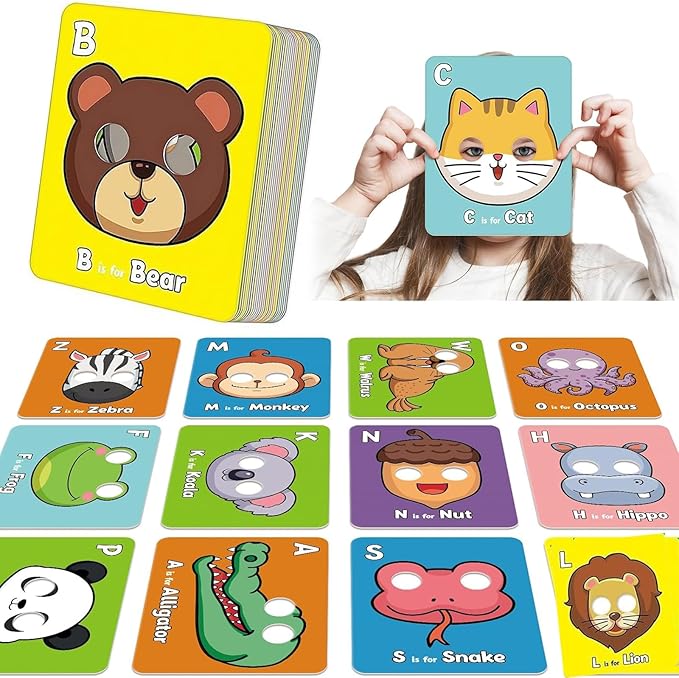 Alphabet Flash Cards,Giant ABC Animal Mask Flash Cards,with Animal Masks, Colorful Alphabet Mask Cards, Interactive Education Games (26pcs)