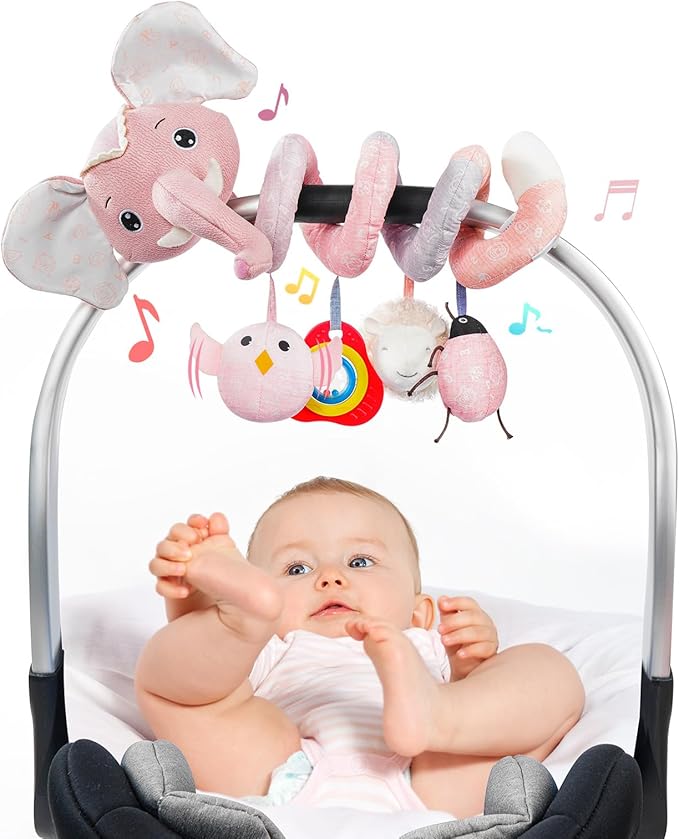 Jollybaby Baby Car Seat Stroller Toys, Plush Activity Hanging Spiral Activity Pram Crib with Music Box, Rattles, Squeaker for Babies Infant Boys Girls(SZ Pink Elephant)