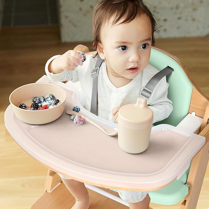 Cowiewie Natural Wooden High Chair for Babies & Toddlers 3-Tier Remove Adjustable Tray and Highchair with Cushions, Easy to Clean, Portable(Green)