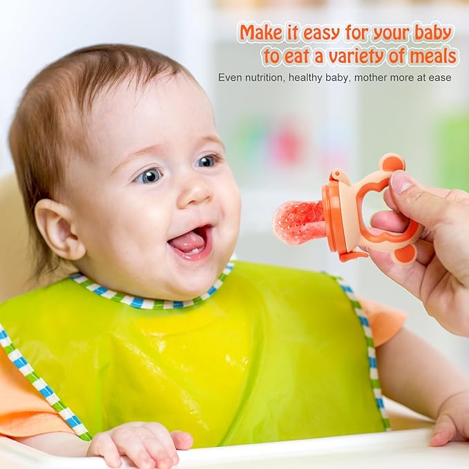 Baby Fruit Food Feeder - Silicone Nibble Tray Combo - Breastmilk Popsicle Mold for Cooling Relief, BPA Free Mesh Feeder for Infant Self Feeding (Monkey Orange + Pineapple)