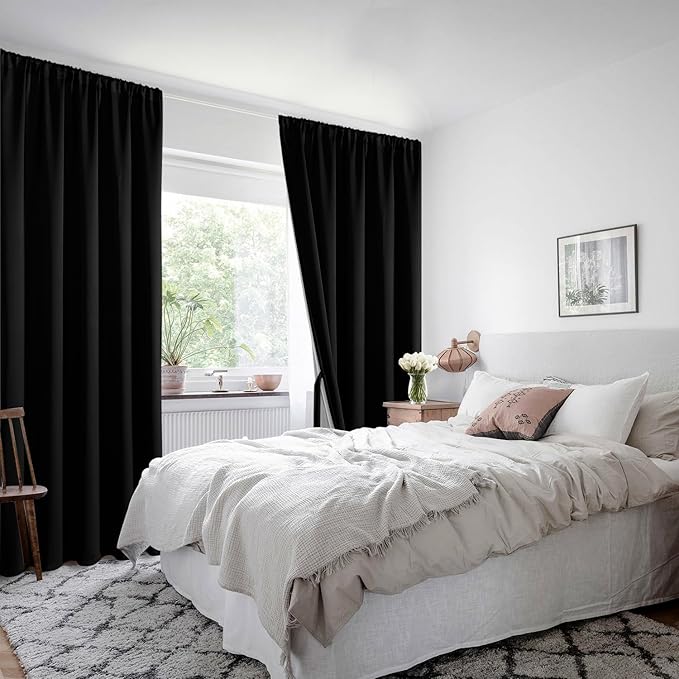 XWZO 100% Blackout Curtains 45 Inches Length with Tiebacks- Rod Pocket Full Shade Window Drapes Thermal Insulated Double Layer with Black Liner for Bedroom/Living Room, Black, W52 x L45, Set of 2
