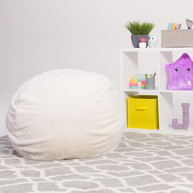 Posh Creations Bean Bag Chair for Kids, Teens, and Adults Includes Removable and Machine Washable Cover, Soft Faux Rabbit Fur - Cream, 38in - Large