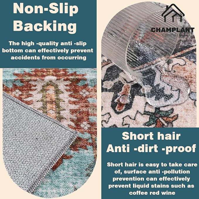 Area Rug 6'x9' Washable Vintage Traditional Floor Cover Thin Retro Kitchen Indoor Distressed Non Slip Carpet for Living Room Bedroom Dining Room