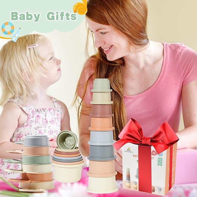 Baby Bath Toys for Kids Ages 1-3, 14 PCS Mold Free Bath Toys for Toddler with Stacking Cups & Bath Spoons, Bathtub Water Toys for Babies 6-12 Months Early Learning Educational Gifts