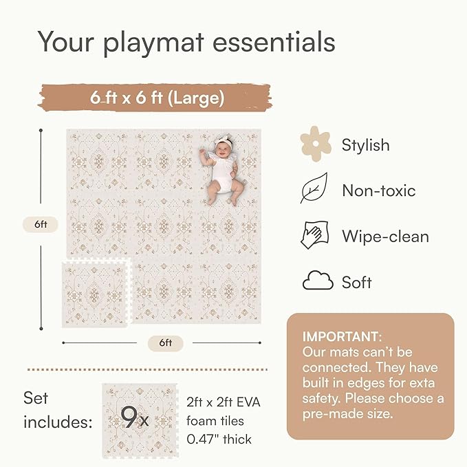 Baby Play Mat for Floor – 6x6ft Vintage Vanilla | Soft Non Toxic Premium EVA Foam Tiles for Tummy Time, Crawling & Playroom – Waterproof Floor Mat for Babies & Toddlers Lillefolk (9 Tiles)