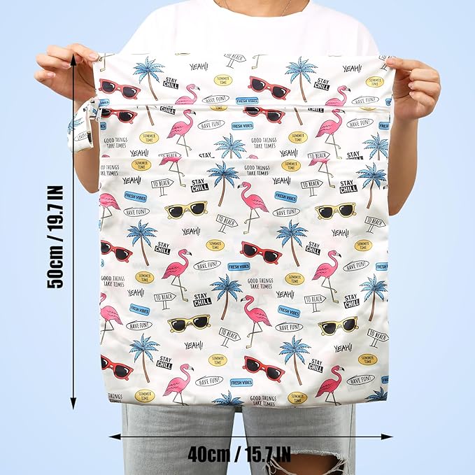 2pcs Travel Waterproof Laundry Bag, Cloth Diaper Wet Dry Bags with Handle & 2 Zipper Pockets, Reusable Washable Dirty Clothes Bag for Baby Adult Travelling Hanging, Bathing Beach Pool Daycare