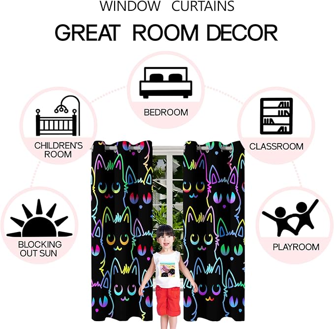 Cat Curtain Panels for Girls - 2Pcs Cat Blackout Curtains for Girls Bedroom, 82" W x 63" L