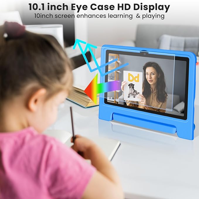 Kids Tablet 10.1 inch Android 14 Octa-Core 64GB 6000mAh Kids Space Parental Control 1280 * 800 HD Touchscreen Shockproof Case Dual Camera Gift for Toddler Children (Blue)