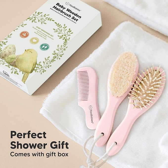 Baby Hair Brush and Comb Set for Newborn - Wooden Baby Hair Brush Set with Soft Goat Bristle, Baby Brush Set for Newborns, Baby Brush and Comb Set Girl, Boy, Toddler Cradle Cap Brush (Oval, Blush)