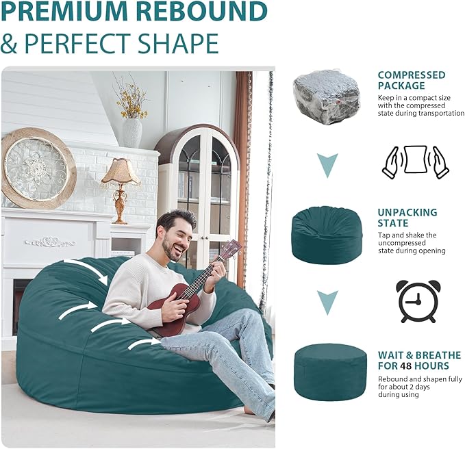 5FT Bean Bag Chair, Large Bean Bag Chairs with Memory Foam Filled, Fluffy Beanbag Sofa with Dutch Velvet Cover, Round BeanBag Chairs for Living Room, Playroom- Sea Blue