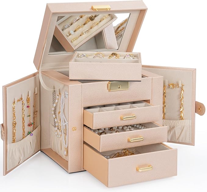 AKOZLIN 4-Tier Jewelry Box Leather Jewelry Storage Organizer with 3 Drawers Lockable for Women Girls Ring Necklace Earring Bracelet Holder with Mirror Champagne
