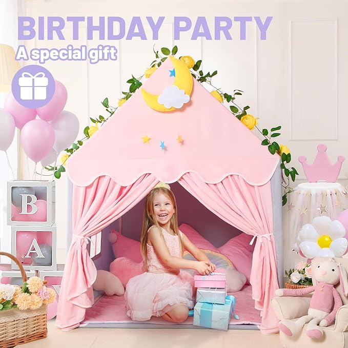 Wilwolfer Kid Tent with Mat, Star Lights - Kids Play Tents for Toddlers Kids Tents Indoor Playhouse - Princess Tent for Girls Toy House Gift (Gray with Cloth)