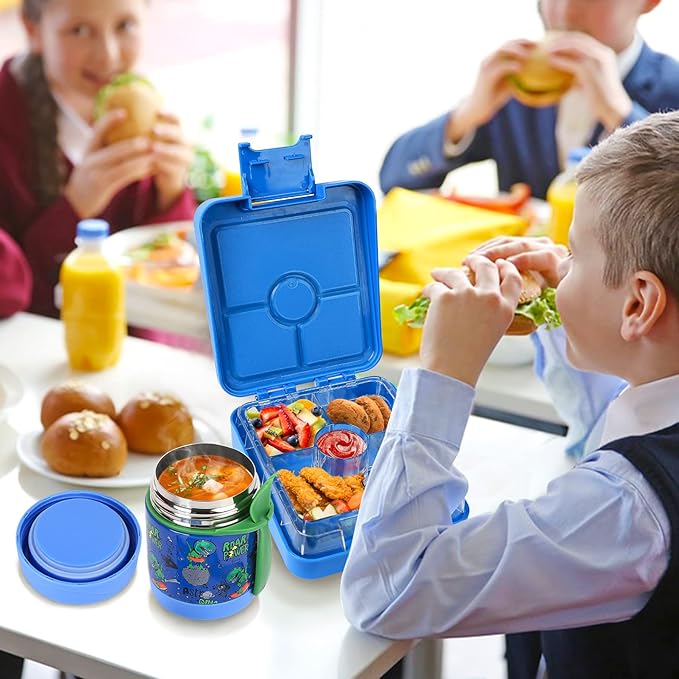 Bento Lunch Box Set With 10oz Soup Thermo, Leak-proof Lunch Containers with 4 Compartment, Kids Hot Thermo Food Jar/Insulation Lunch Bag, Food Containers for School(Dinosaur)