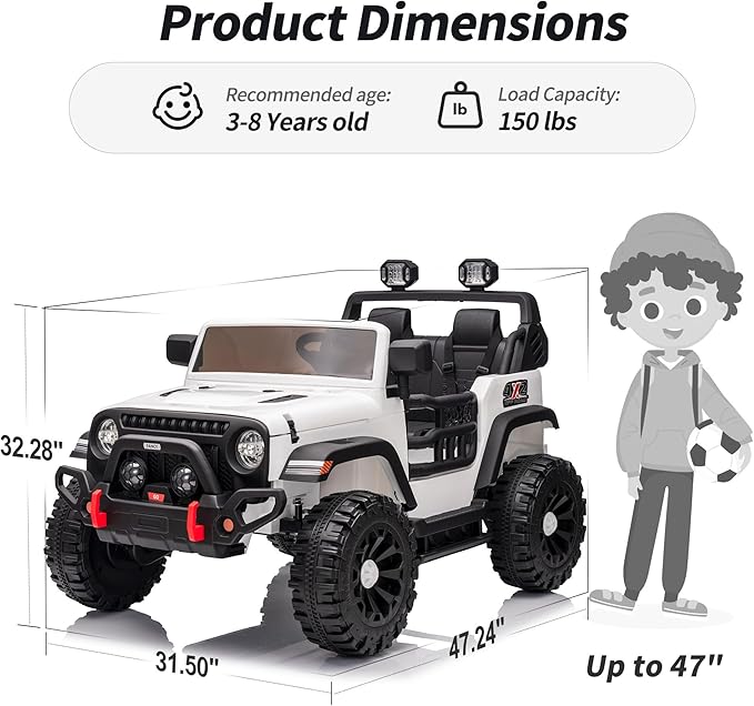 2 Seater Ride on Car Truck, 12V Kids Electric Ride on Toy for Big Kids Age 3-8 w/Remote Control- White