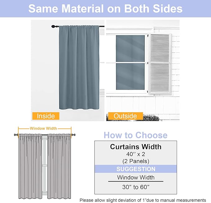 Simplebrand Ava Stone Blue Short 36 Inches Blackout Curtain 2 Panels Set, Half Window Rod Pocket Privacy Curtain Tiers for Kitchen, Curtains Blackout for Bathroom Shades, W40 x L36 Inch, Stone Blue