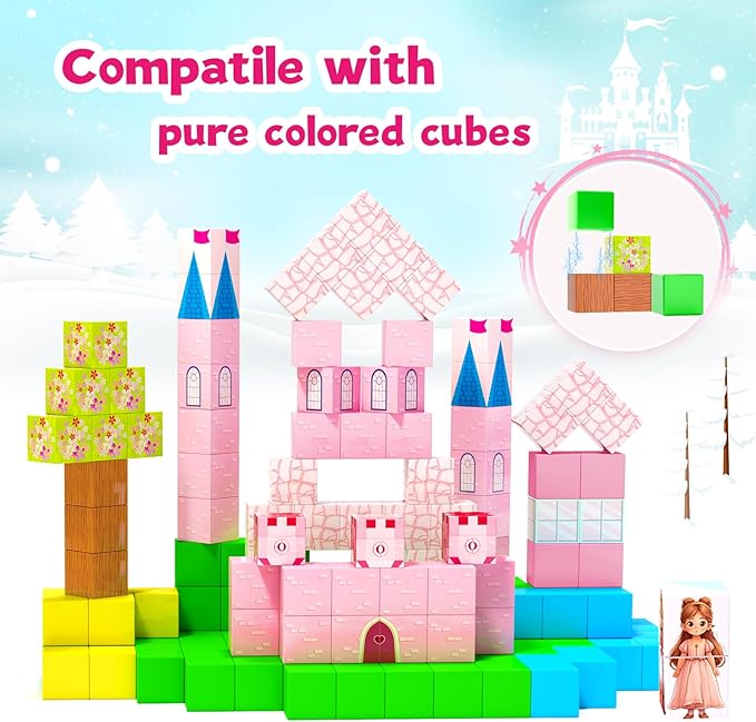 64 Pcs Magnetic Blocks-Princess Castle Collection World,Magnetic Building Blocks for 3+ Year Old Boys & Girls, Creative STEM Sensory Toys,Christmas Birthday Gifts for Kids Ages 3-8