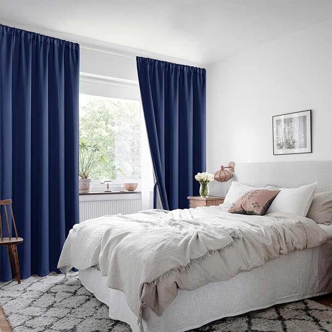 XWZO 100% Blackout Curtains 2 Panels with Tiebacks- Heat and Full Light Blocking Window Panels for Bedroom, 84 Inches Long Rod Pocket Thermal Insulated Draperies, Navy Blue, W70 x L84, Set of 2