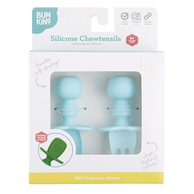 Bumkins Baby Utensils Set, Chewtensils Silicone Spoons for Dipping, Self-Feeding, Baby Led Weaning, Trainer Learning First Stage Eating, Soft Practice Fork and Spoon, Babies 6 Months, Blue