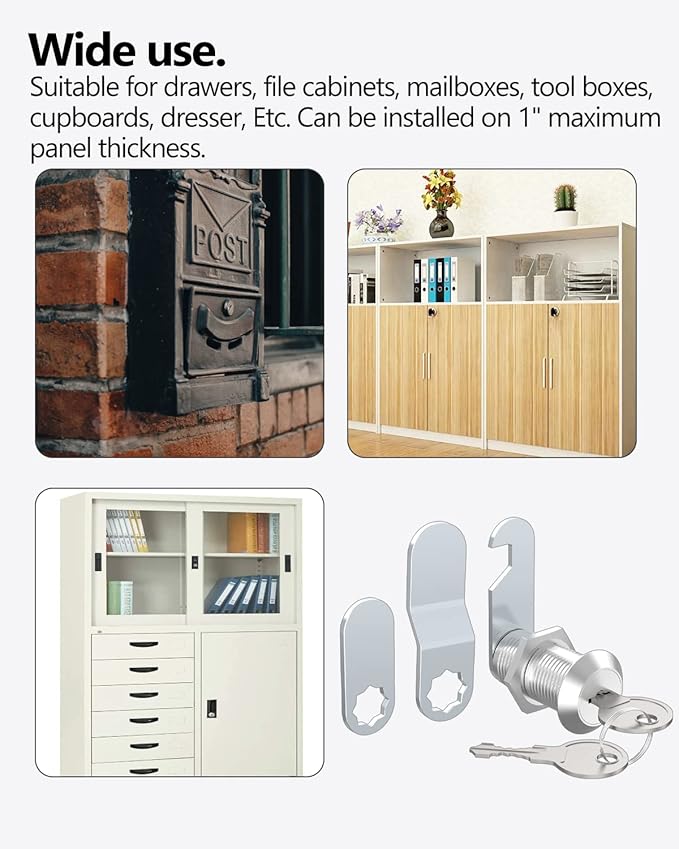 8 Packs Drawer and Cabinet Locks (Keyed Different) Secure Important Files, 1-1/8Inch 30mm Cam Locks with 3 pcs Different Lock Plates for Cabinet Cupboard File Drawer Mailbox Dresser Kitchen