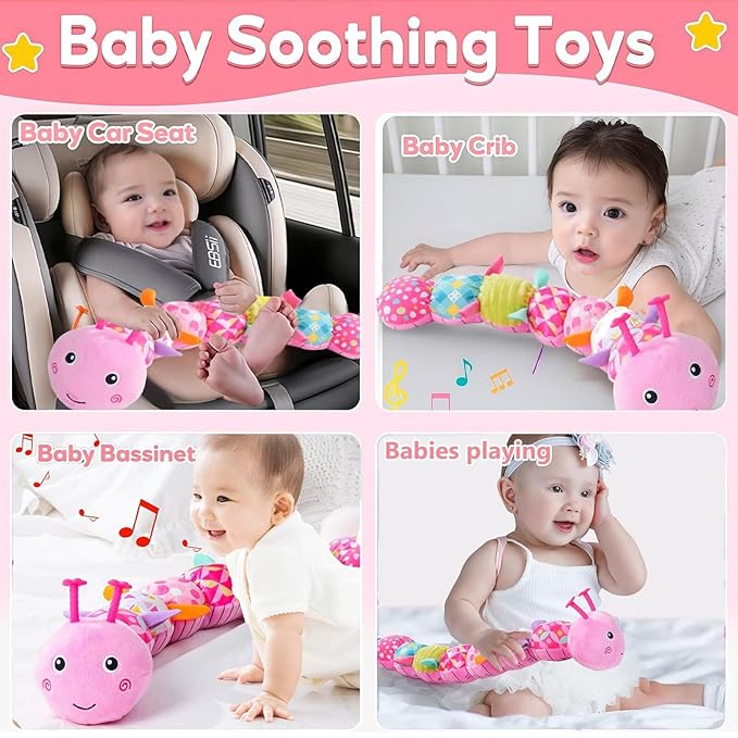 Baby Sensory Toys 0-12 Months, Plush Toys with Music and Rattle, Suitable for Newborn Baby Tummy time, can be Used as a Newborn Birthday, Holiday, Baptism Gift (Pink Caterpillar)