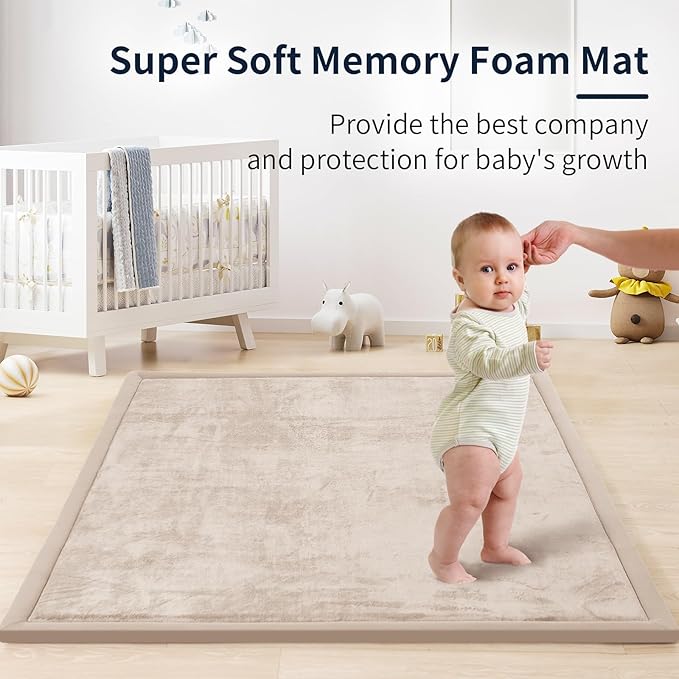 ACOMOPACK Baby Play Mat for Floor 1.3" Thick Memory Foam 50x50 Soft Velvet Playpen Mat for Kids,Infants,Toddlers,Tummy Time Crawling Mats with Non-Slip Bottom,Yoga,Tatami,Nursery Rug(Beige)