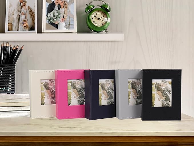 RECUTMS Small Photo Album 4x6 52 Photos, Leather Cover Mini Photo Book with Front Window Holds 52 Vertical Photos, for Artwork or Postcards Storage Wedding Family Baby Vacation(Dark Blue)