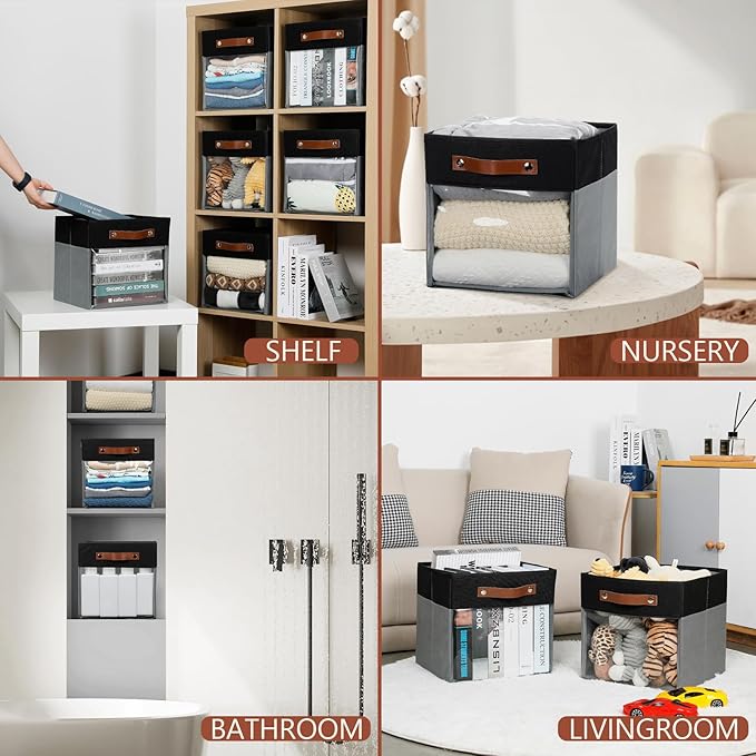 HNZIGE Cube Storage Bins 11 x 11, Fabric Cubes Storage Bins 11x11 Clear Storage Organizer,Canvas Storage Bin for Cube Storage, Cubby Collapsible Organizer Bin for Organizing Home(Gray Black 6PCS)