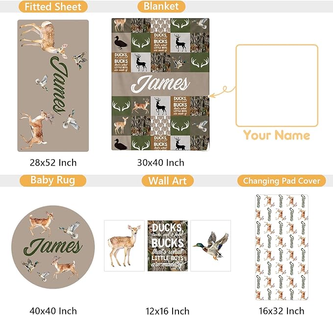 Custom Baby Crib Bedding Set, 5 Pcs Personalized Name Baby Crib Sets for Infant Toddler, Green Woodland Deer Nursery Bedding Set for Boys Girls, Double Layer Baby Bedding Sets Customized Gifts