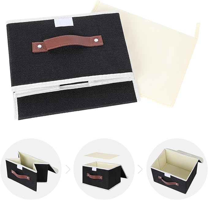 ANMINY 4PCS Storage Bins with Lid PU Leather Handles Storage Boxes PP Plastic Board Decorative Foldable Lidded Cotton Linen Fabric Home Cubes Baskets Closet Organizer Containers - Black, Small Size