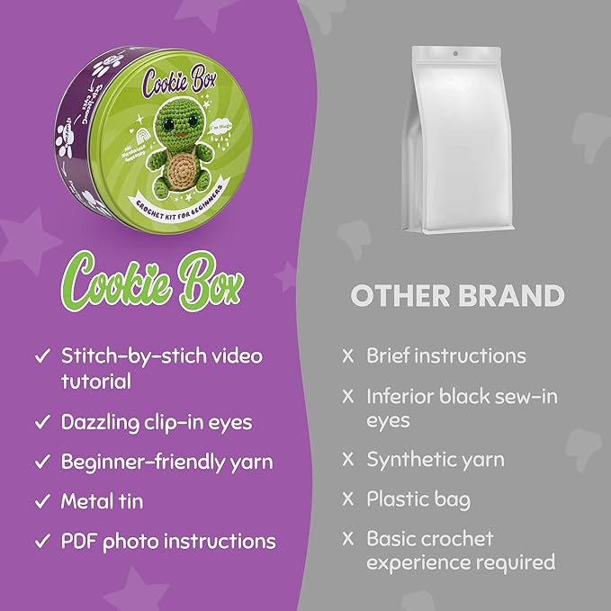 Cookie Box Crochet Kit for Beginners - Learn to Craft Amigurumi Stuffed Animals - Knitting Gift for Kids and Adults - Beginner-Friendly Yarn - Stitch-by-Stitch Video Tutorial - Turtle Hugo